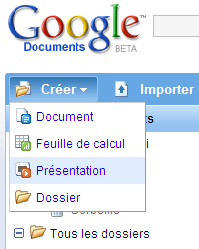 Google Presentation, dans le menu Google Documents